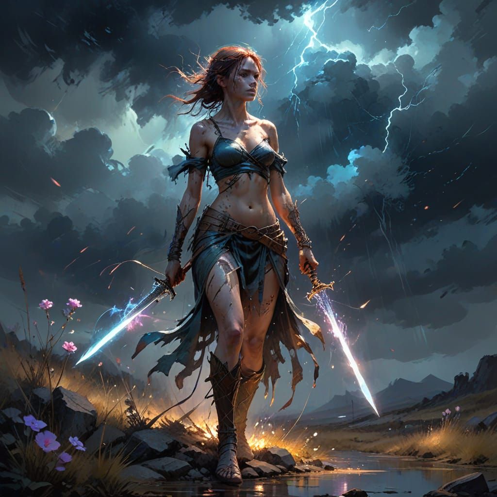 Lone Warrior on Desolate Battlefield in Stormy Sky