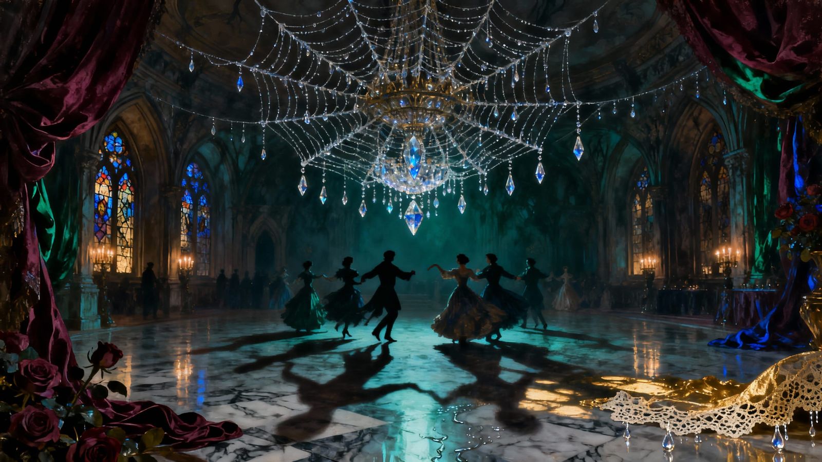 Gothic Victorian Ballroom Dance Beneath Spiderwebs