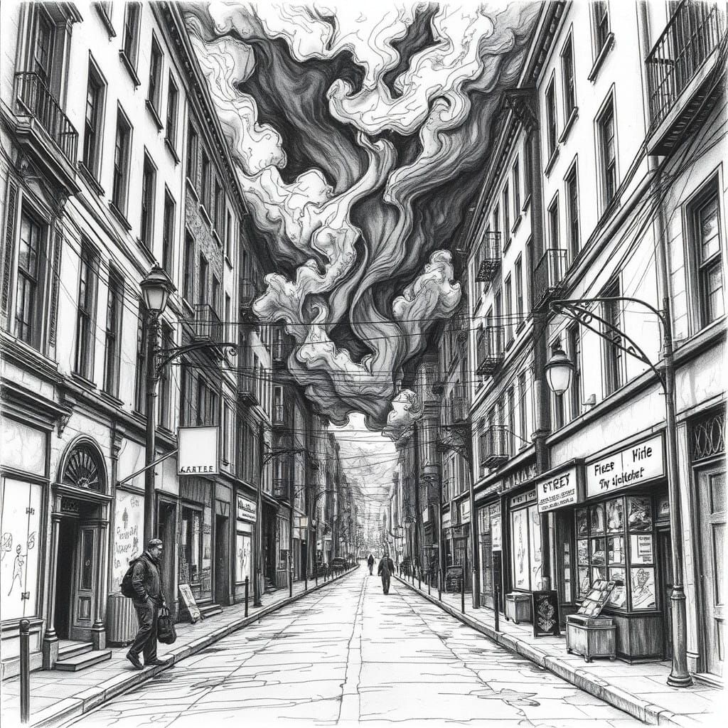 Wistful Street Vignette in Charcoal Drawing