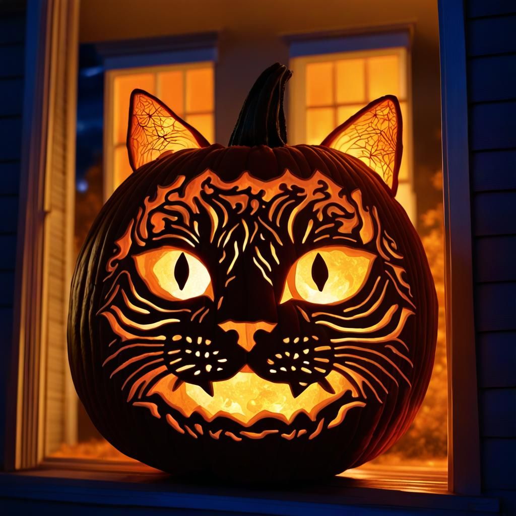 Halloween Cat Pumpkin Carving with Starry Night Sky