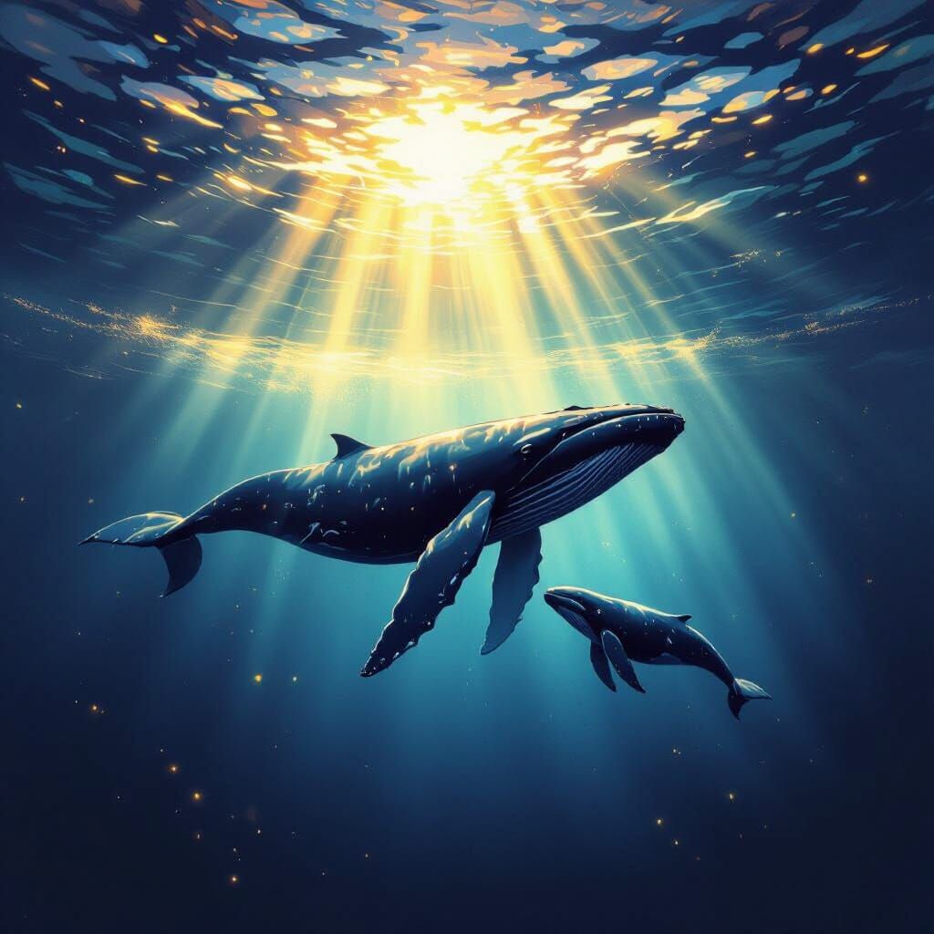 Adorable Baby Whale With Mother In Sunlit Ocean Depths