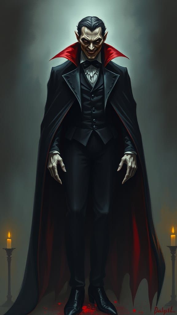 Mysterious Vampire Figure in Dark, Ominous Velvet Cape