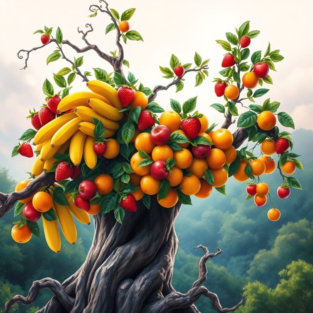 Vibrant Fruit Tree in Dreamlike Watercolor