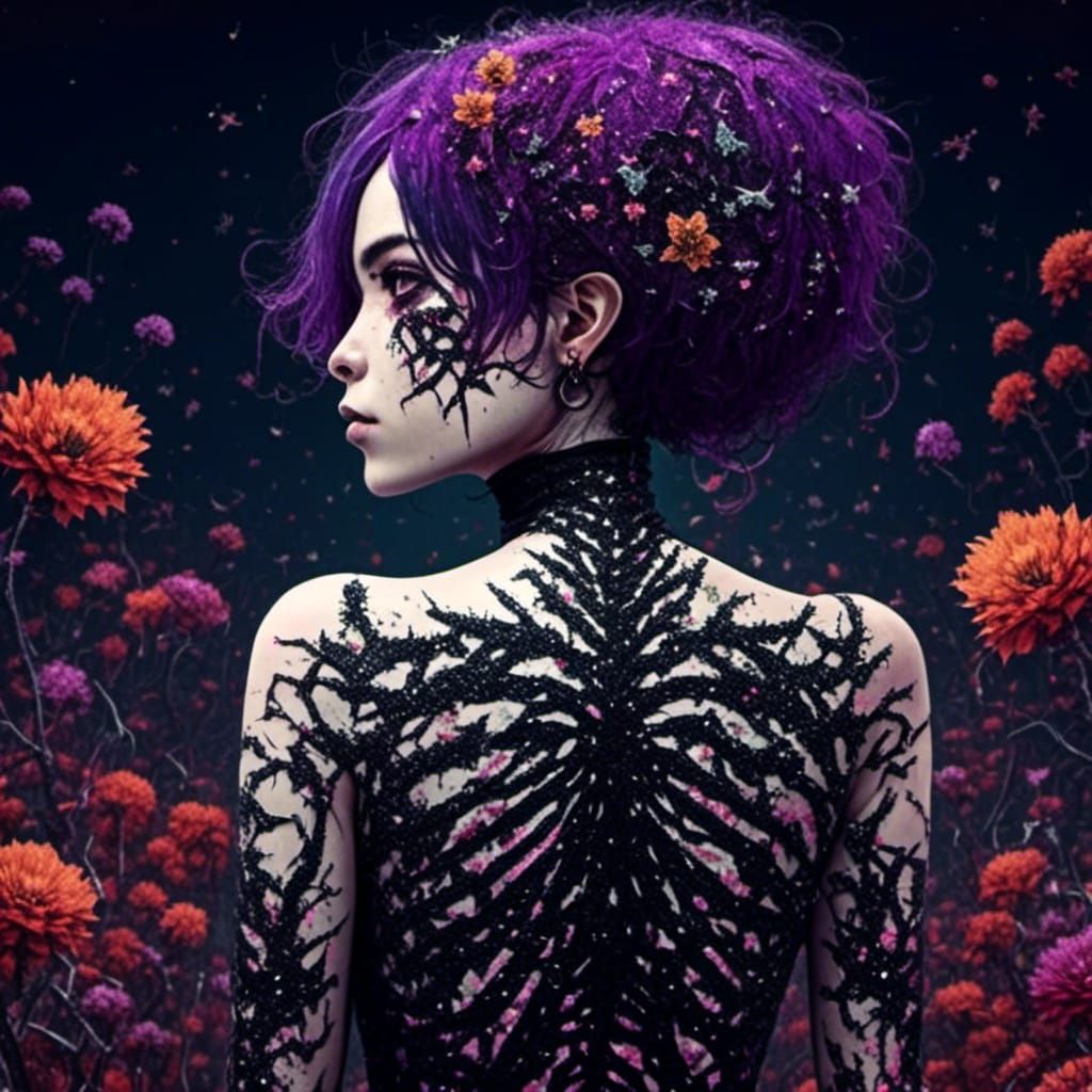 Glitter Gore Tattoo Art of Woman and Flowers