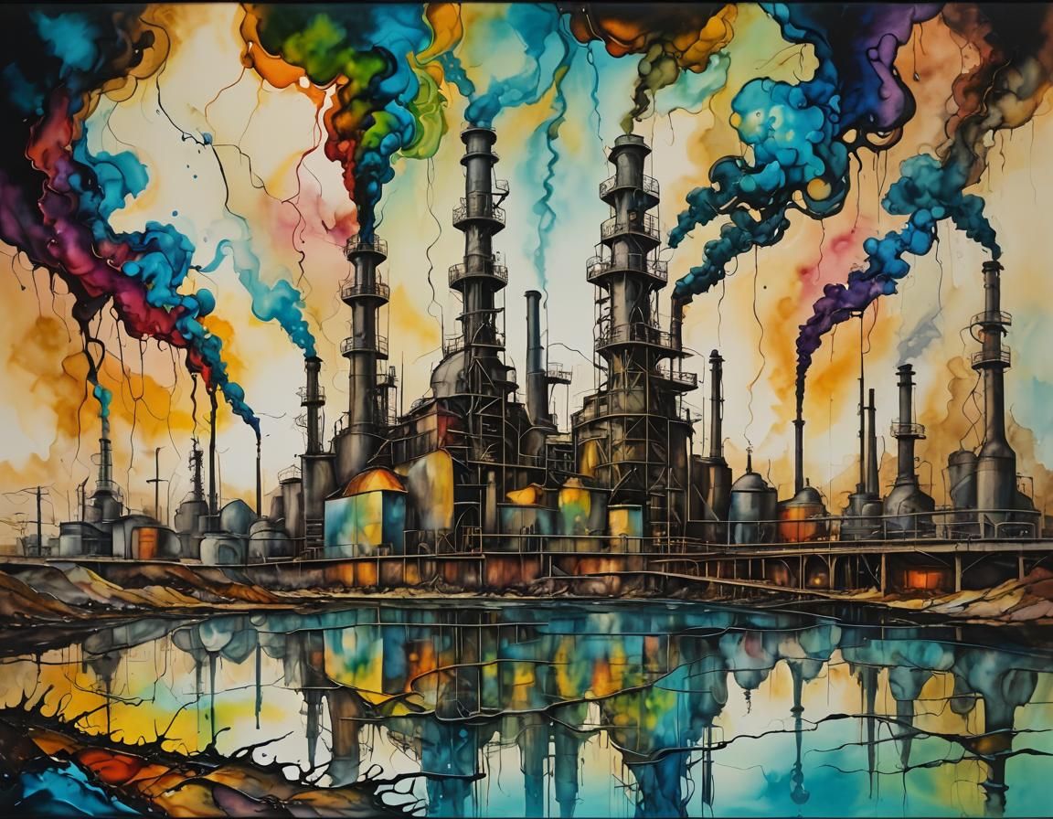 Surreal Industrial Refinery in Alcohol Ink Style