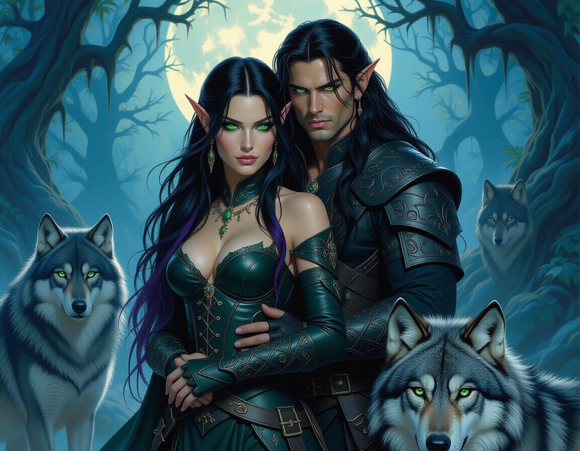 Elf Warriors and Wolves in Moonlit Forest