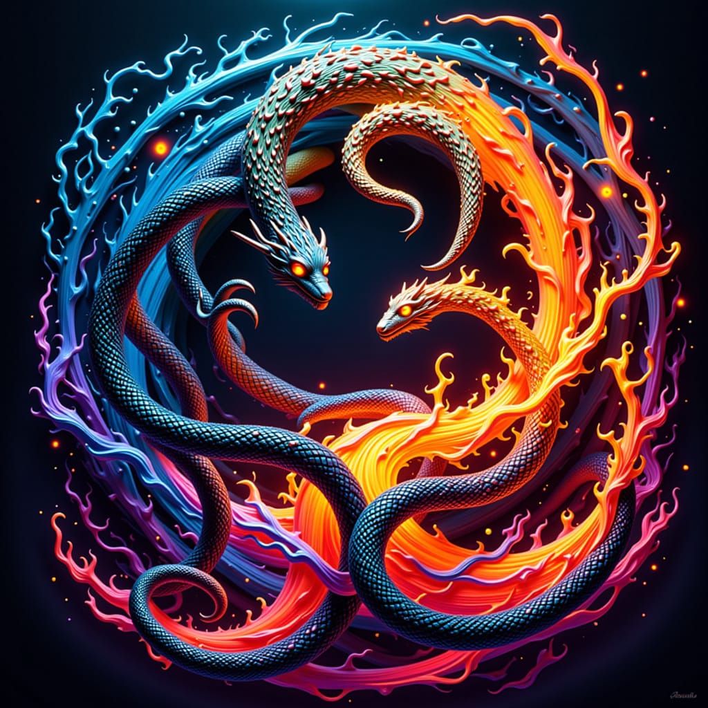 Yin Yang Water and Fire Creatures in Biomechanical Style