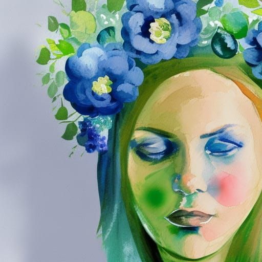 Lady with Flower Crown in Impressionist Gouache Style