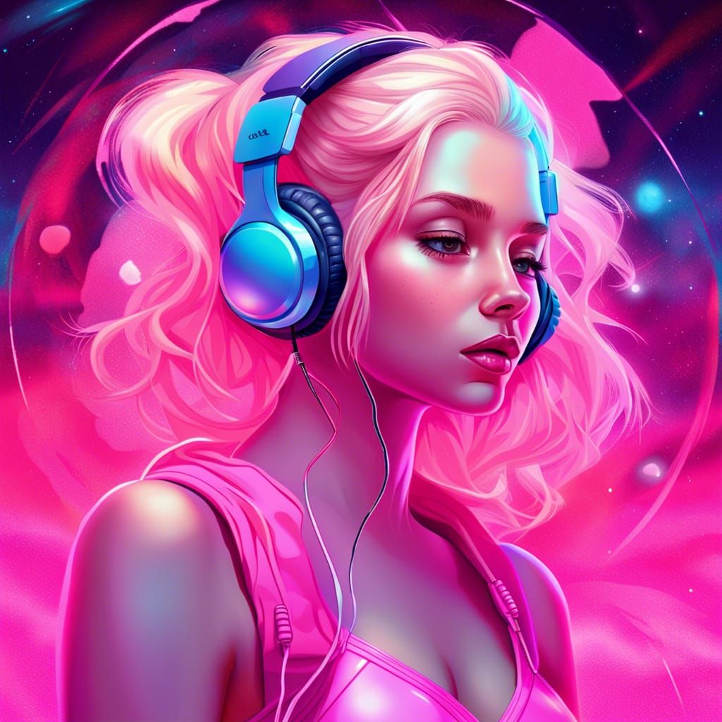 Blonde Girl in Pink: Holographic Astral Illustration