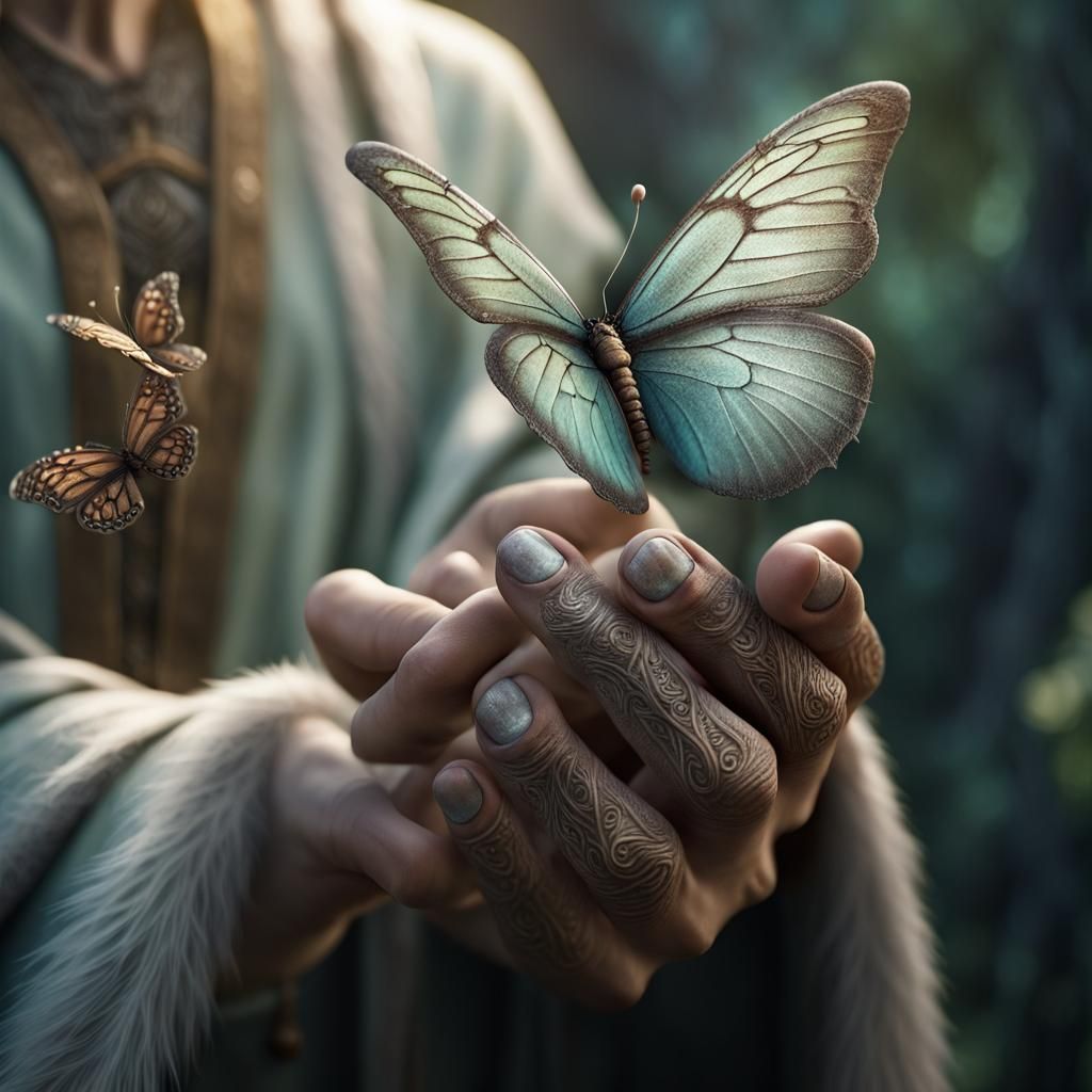 Icelandic Elf Hand Holding Butterfly: Hyperrealistic Detail