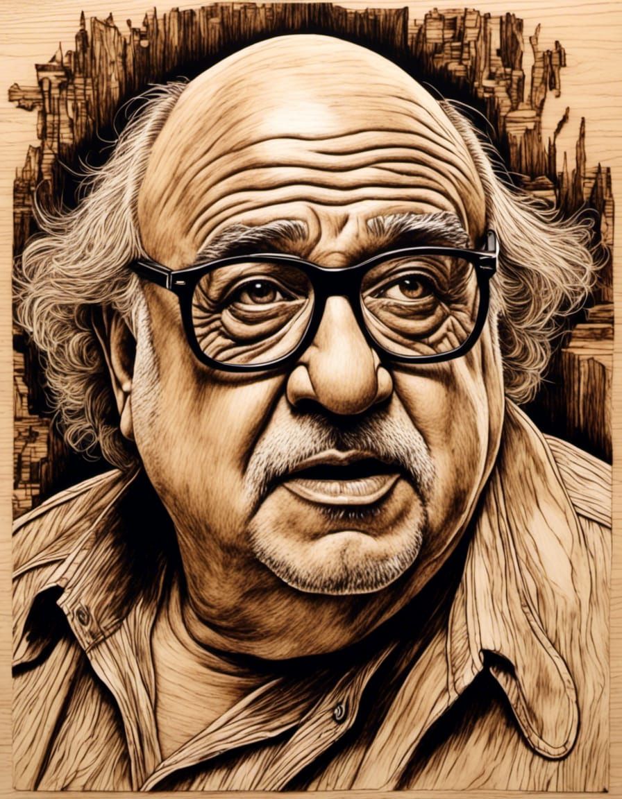 Detailed Pyrography Portrait of Danny Devito