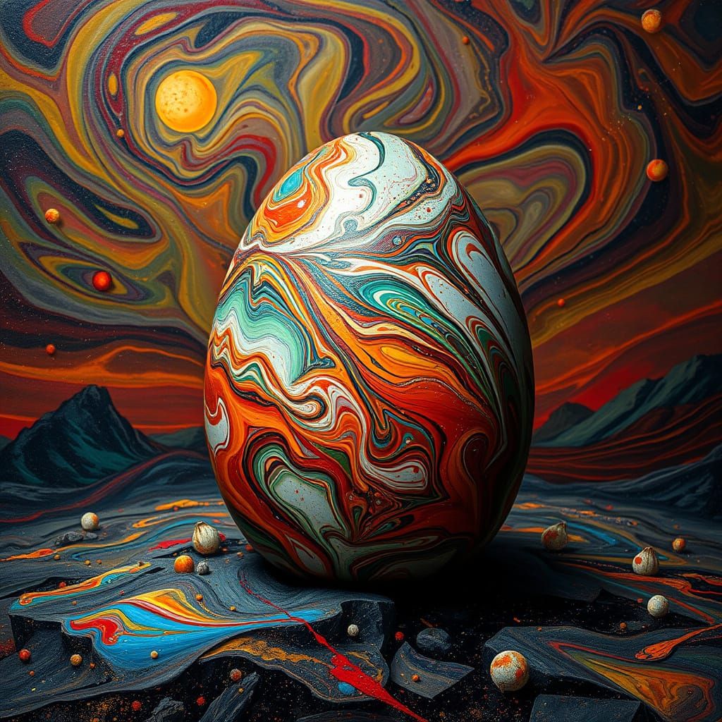 Surreal Egg in a Vibrant Triadic Landscape