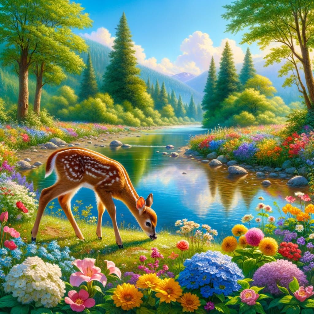 Vibrant Spring River Scene with Fawn and Blooming Flowers