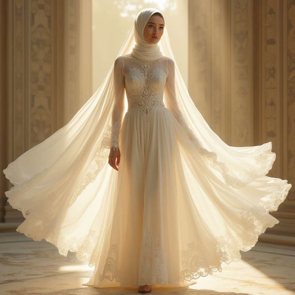Woman in White Dress and Hijab in Art Nouveau Style