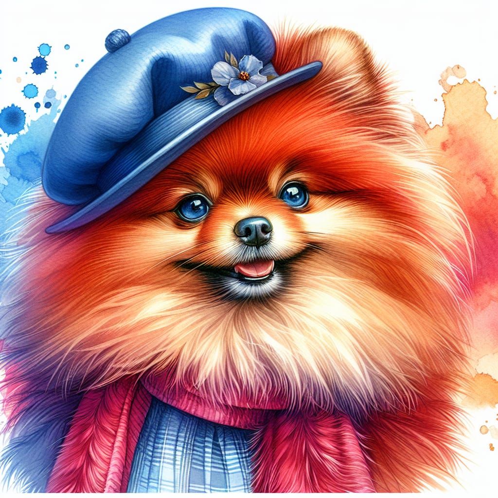 Gorgeous Red Pomeranian in Chic Blue Hat