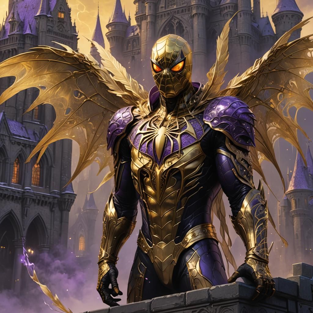 Golden Winged Spiderman on Gothic Castle, Dark Fantasy Art