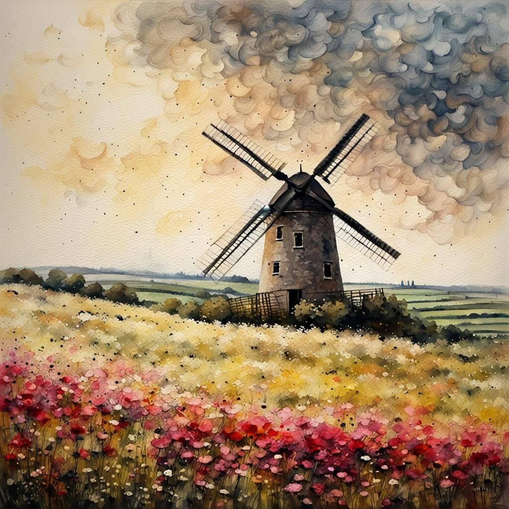 Windmill in Flower Field: Naive Style Painting