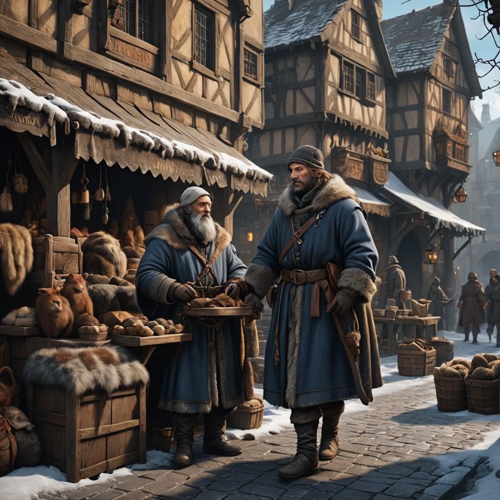 Medieval Fur Seller in Winter Street, Detailed Matte Paintin...