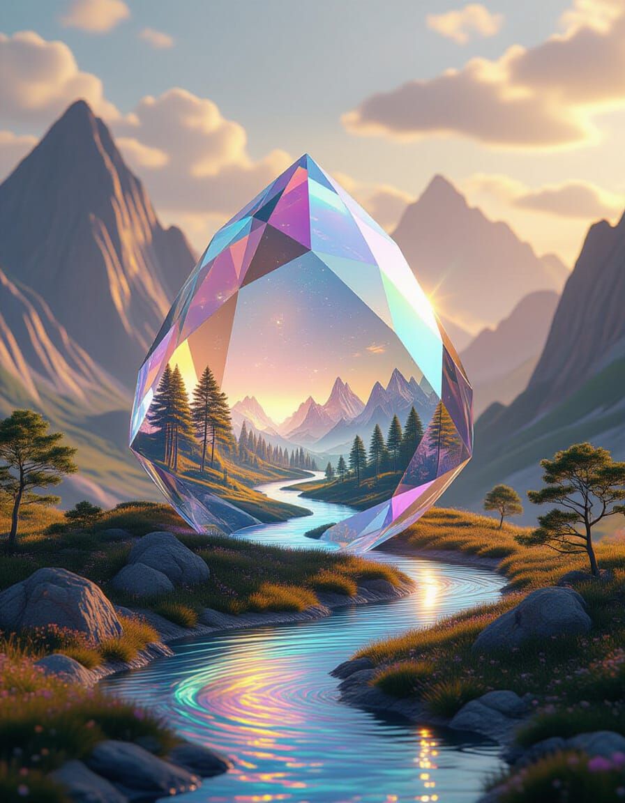 Photorealistic Diamond Over Dreamlike Landscape