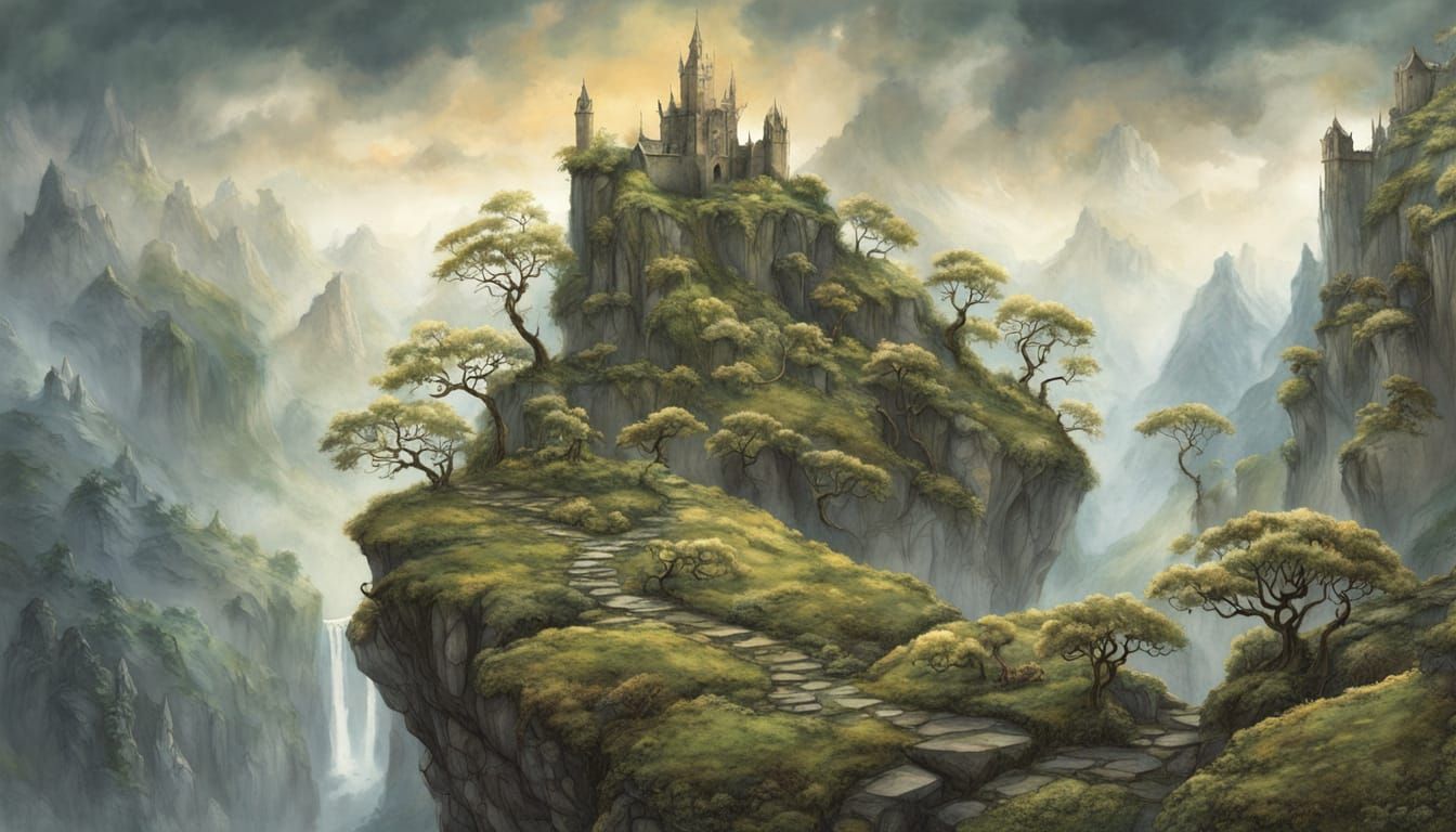 Mystical Mountain Monastery in Whimsical Fantasy Landscape