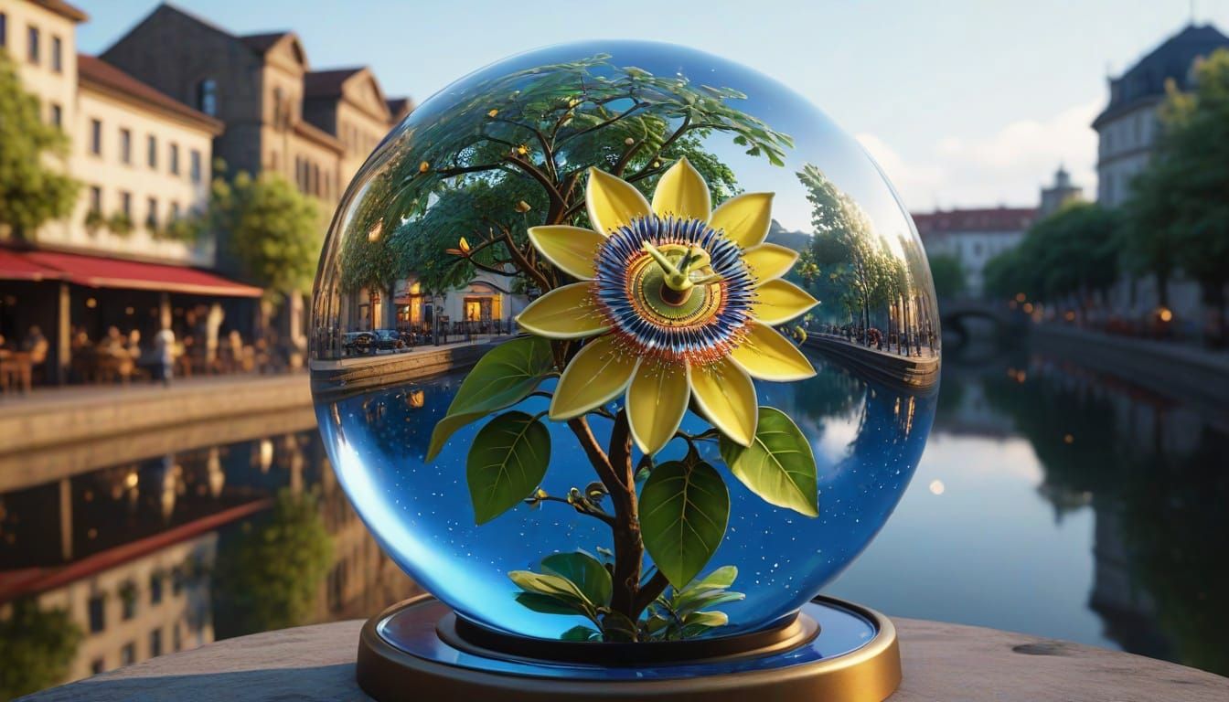 Town with a golden passiflora as sign