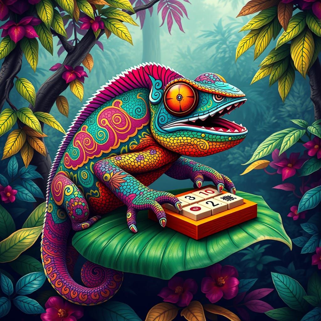 Psychedelic Chameleon Plays Mahjong in Lush Forest