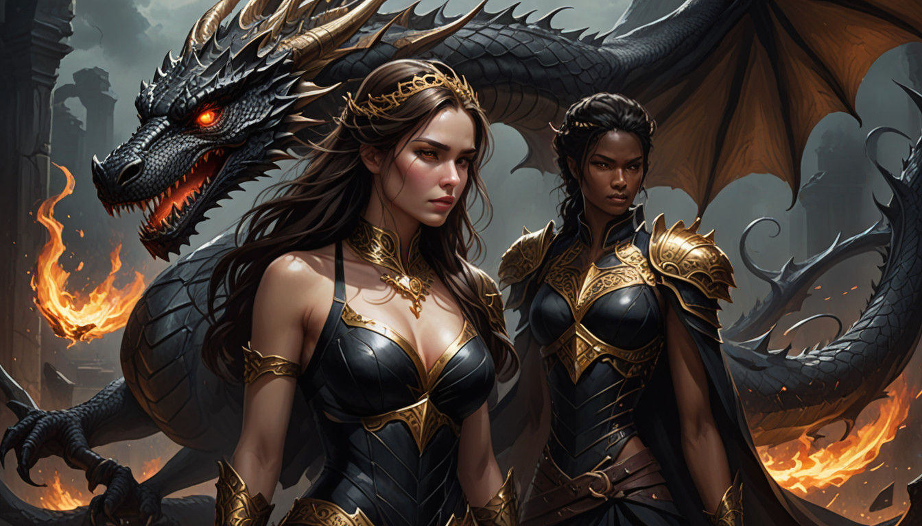 Powerful Dragon Queen with Faithful Guardian in Majestic Sce...