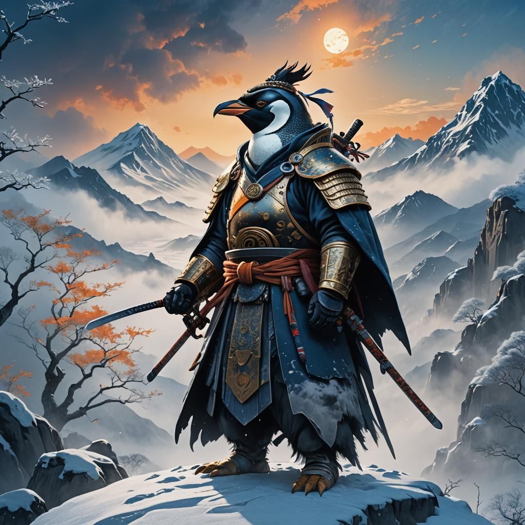 Heroic Penguin Samurai in Epic Snowy Landscape