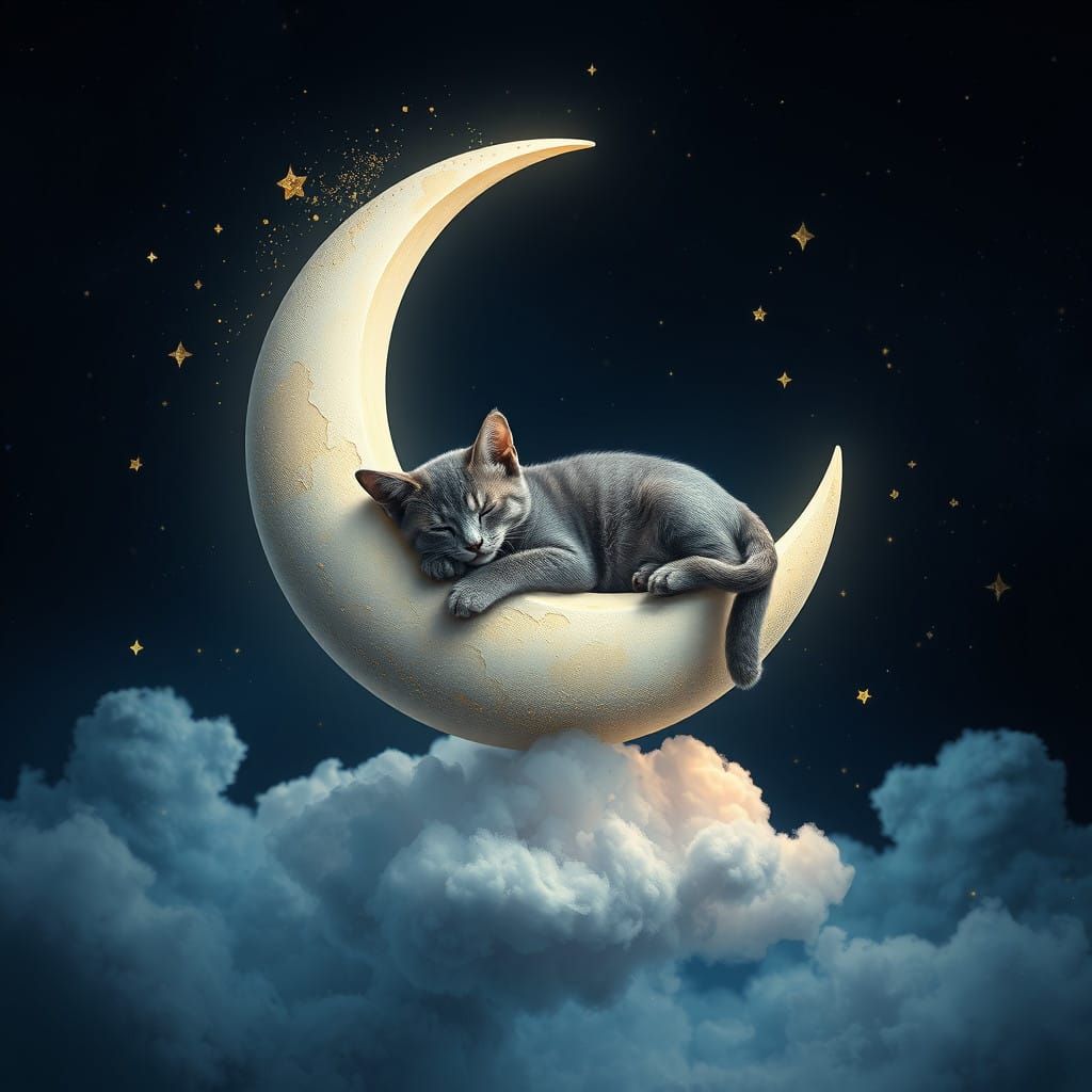 Dreamy Lunar Scene with Sleeping Merecat