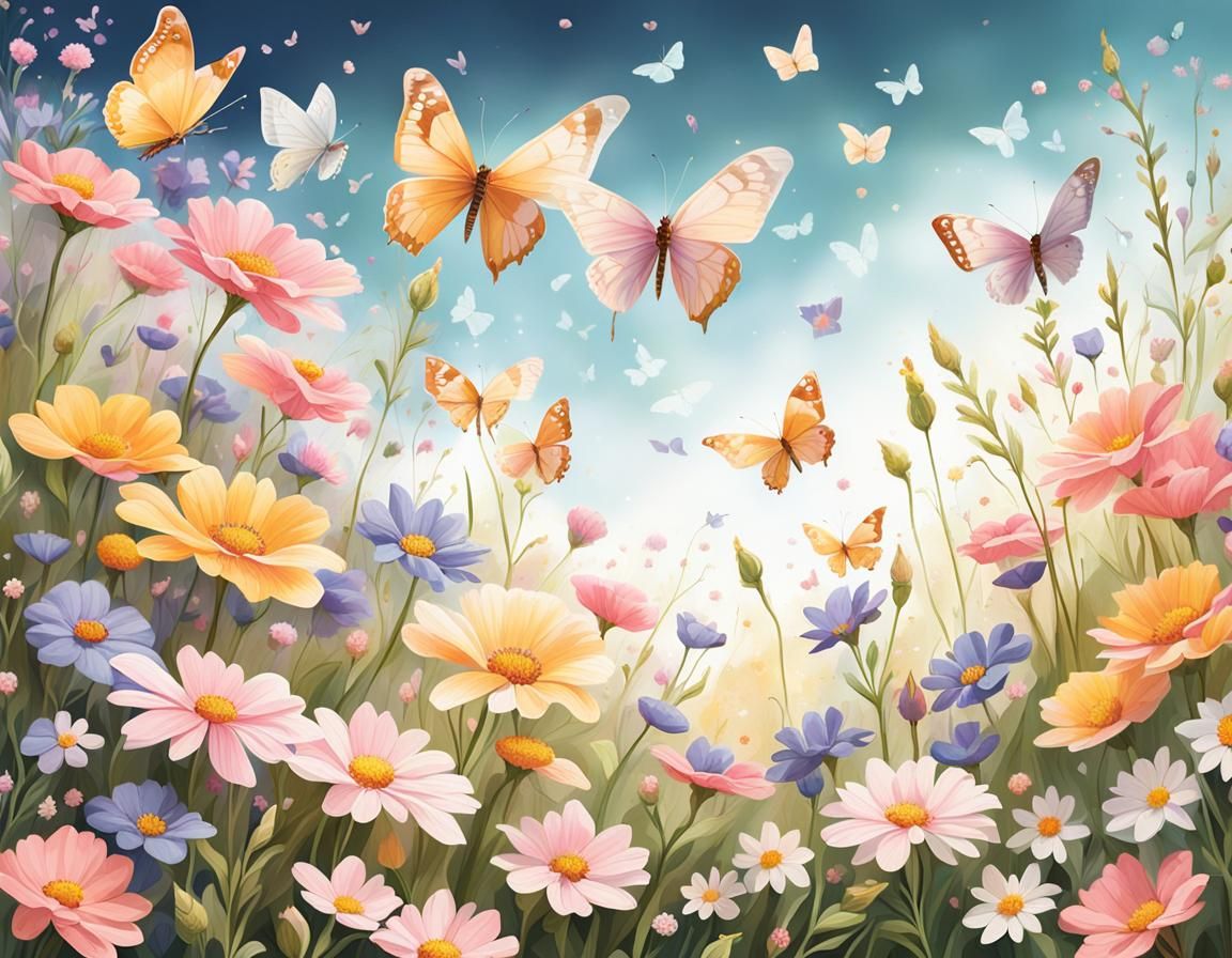 Butterflies Fluttering in a Pastel Wildflower Field