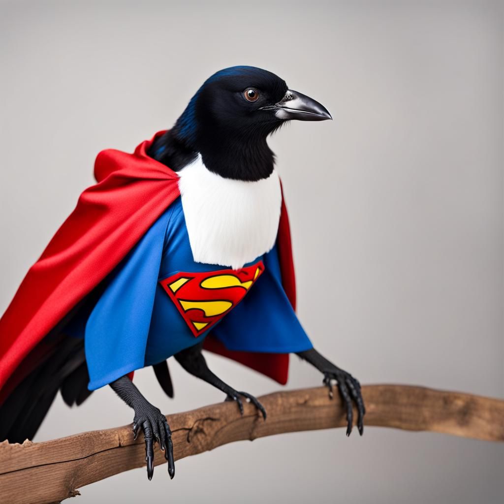 Magpie Bird in Superman Costume