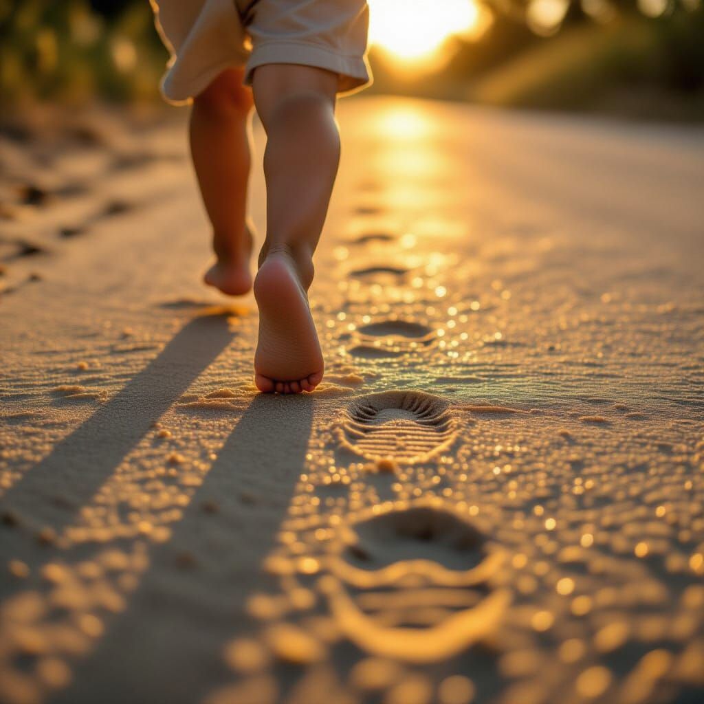 Child's Foot Shadow on Sandy Path in Late Afternoon Light