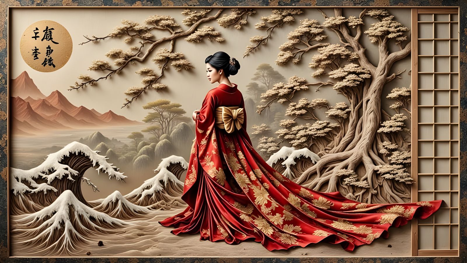 Elegant Lady in Red Yukata, in Traditional Japanese Fusuma S...