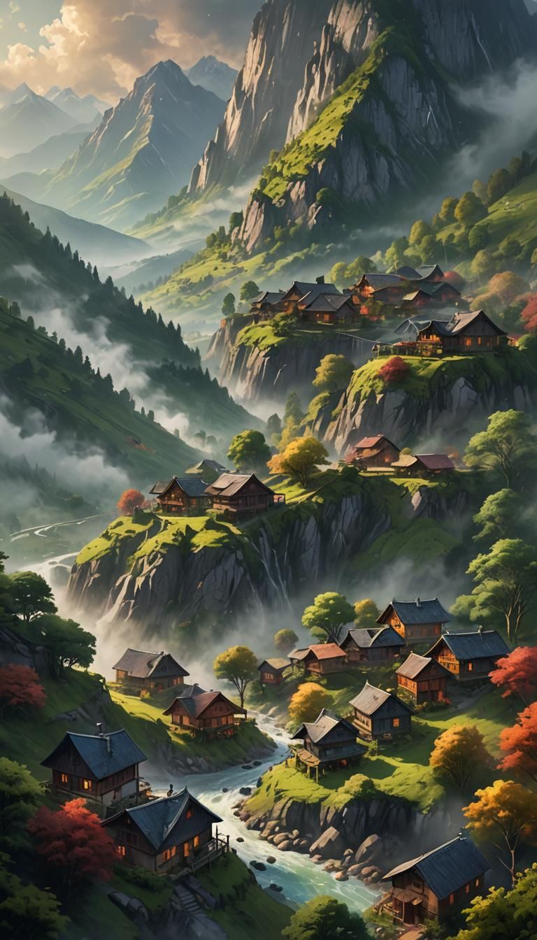 Misty Mountain Village: Hyperrealistic Concept Art