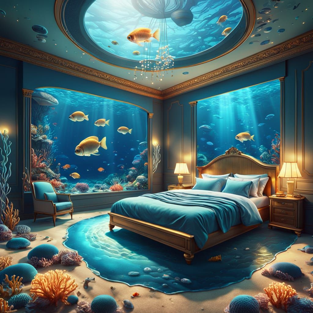 Surreal Underwater Bedroom with Aquatic Life