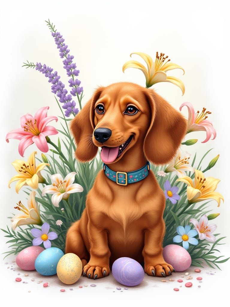 Joyful Easter Dachshund in Whimsical Springtime Scene