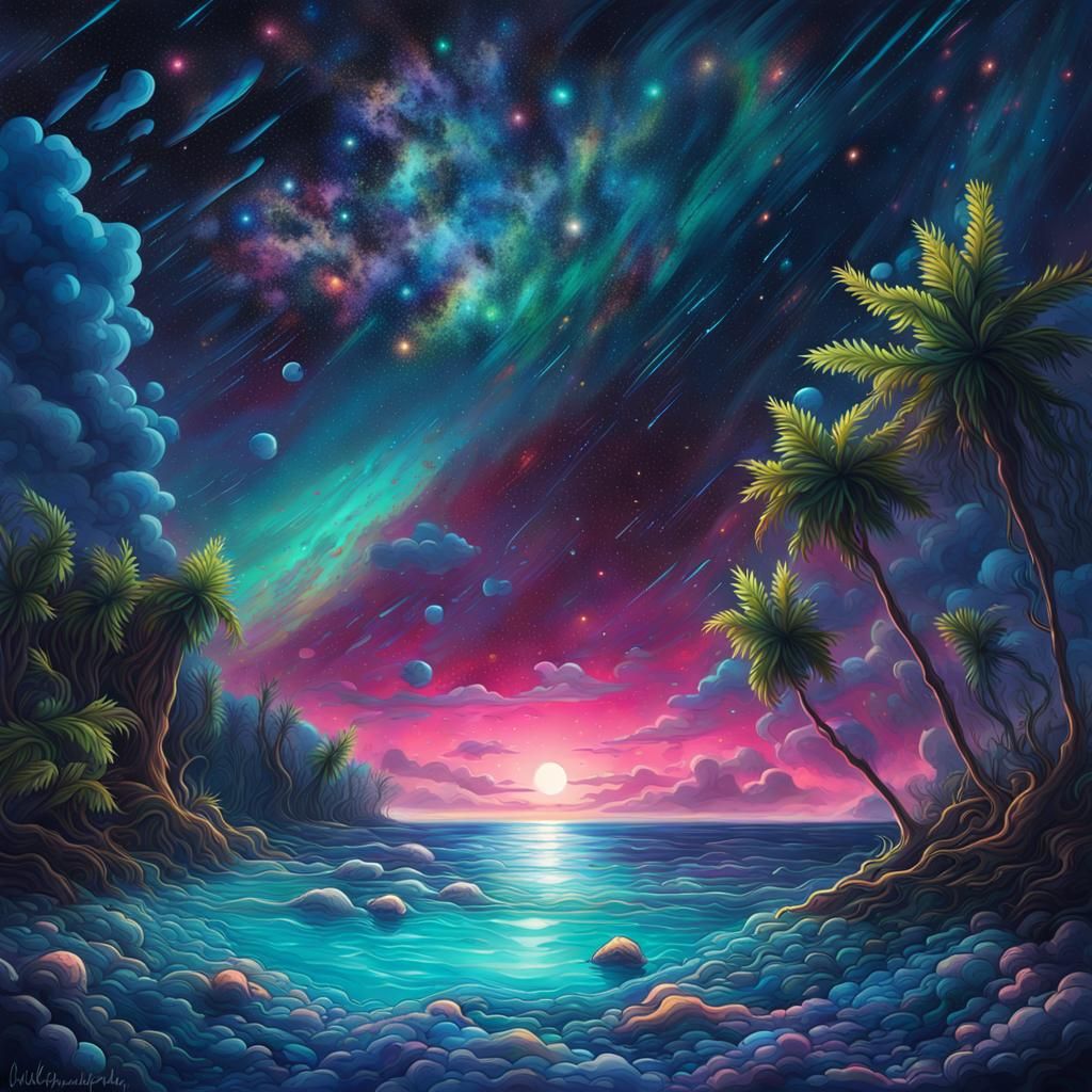 Bioluminescent Maldives Beach Under Milky Way: Graffiti Art