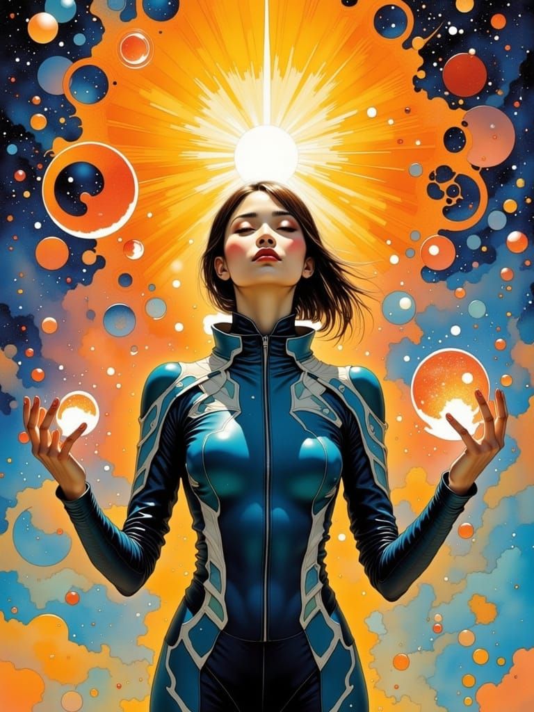 Sleek Flight Suit-Thangka Hybrid in Vibrant, Ethereal Colors