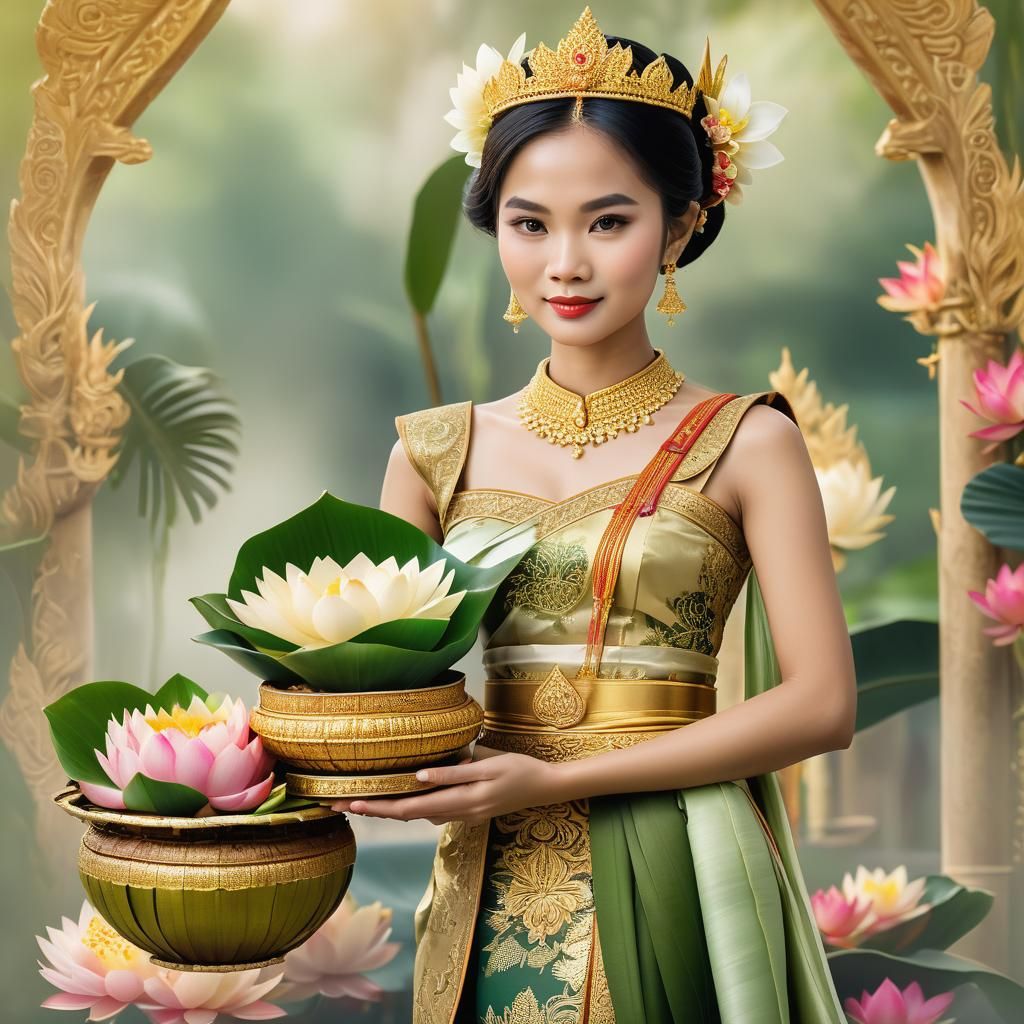 Thai Queen with Krathong in 3D Anime Art Style
