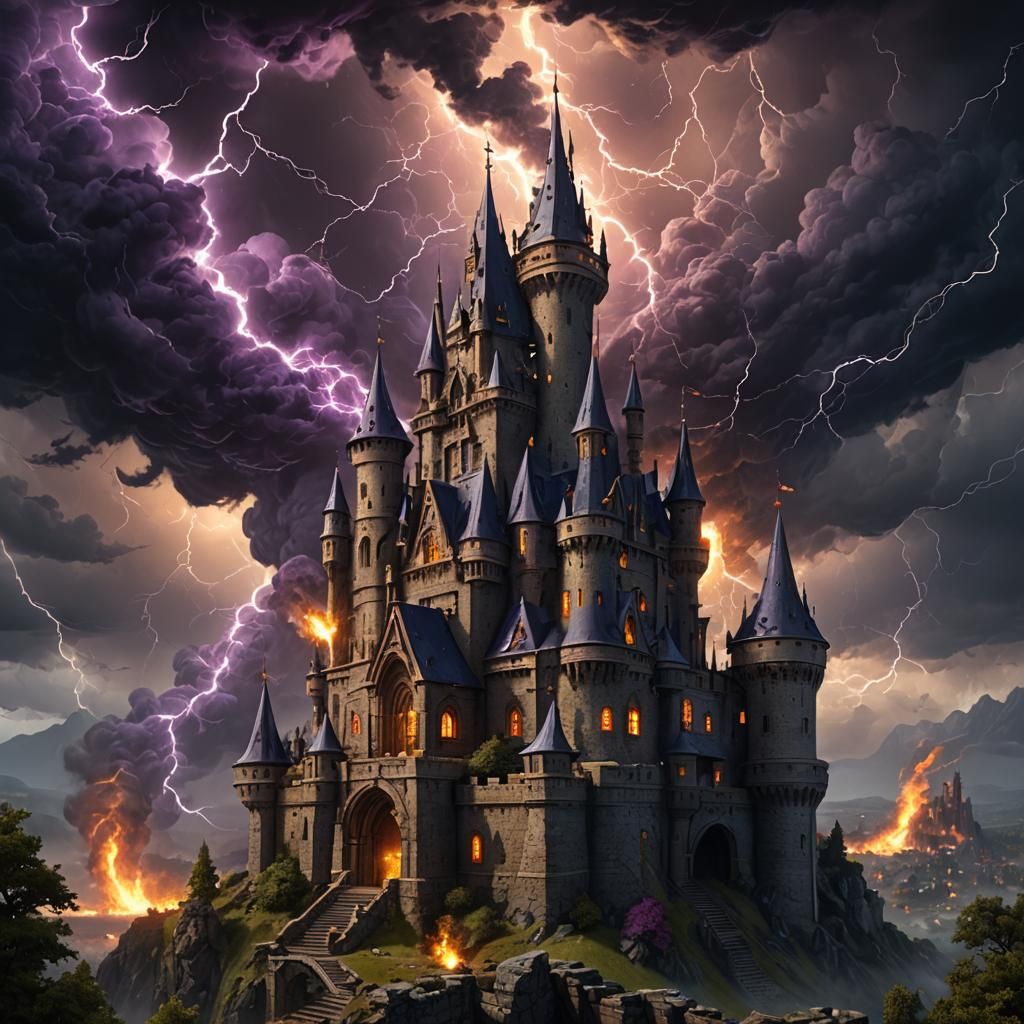 Epic Castle Storm with Fire Dragon, Dark Fantasy Art