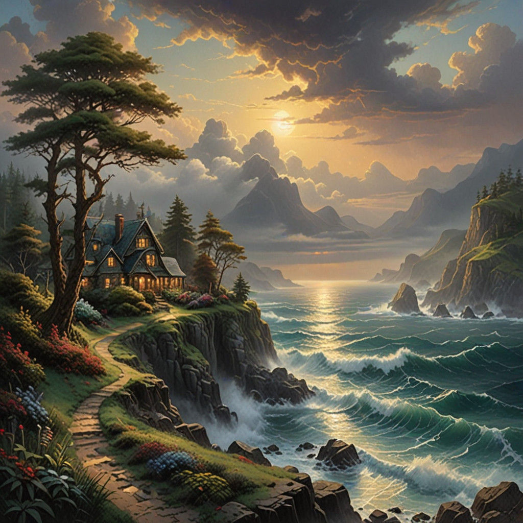 Sunlit Waves Crash on a Rocky Shorescape in Whimsical, Airy...