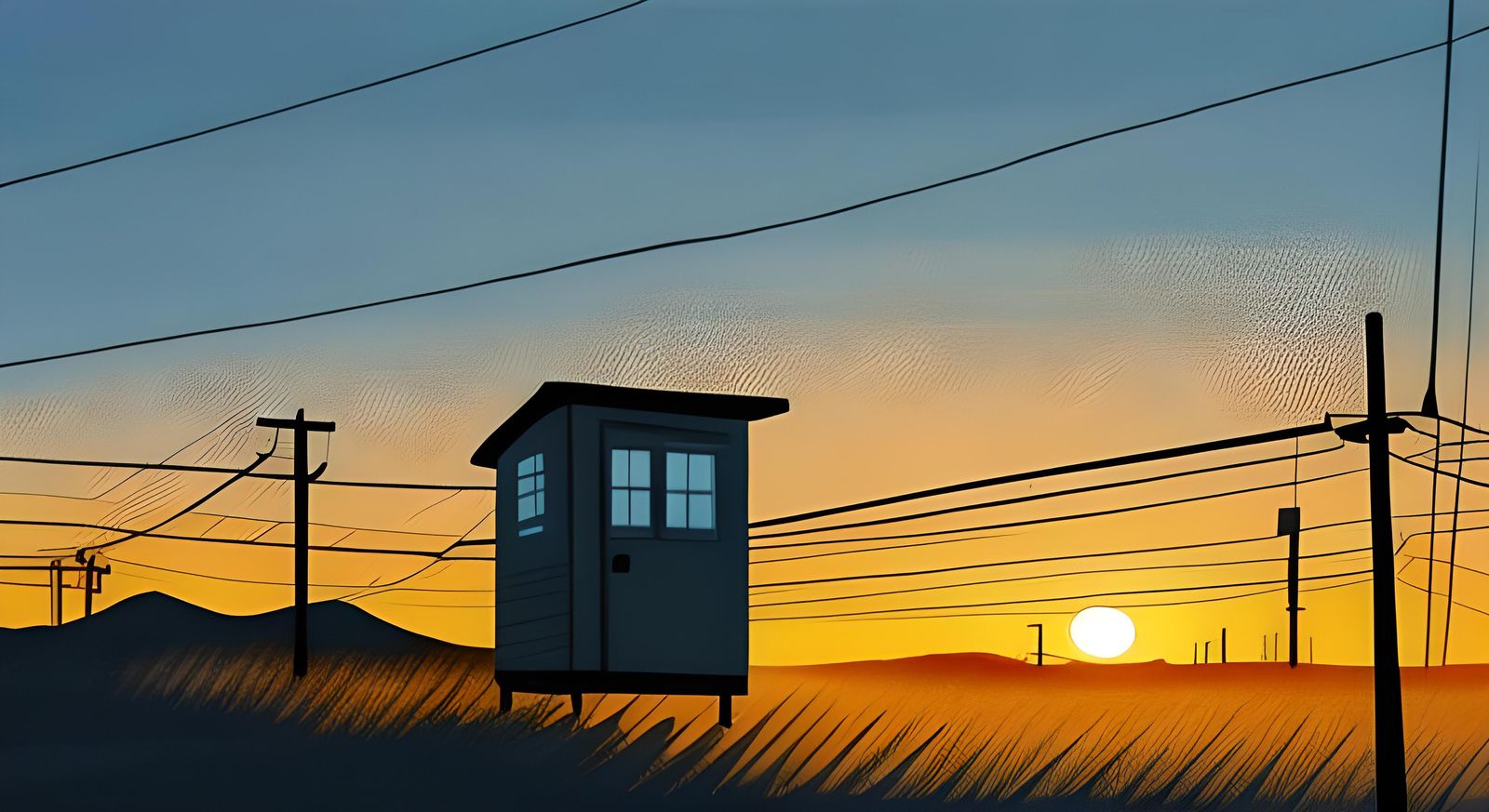 Minimalist Sunrise Over Telephone Lines Illustration