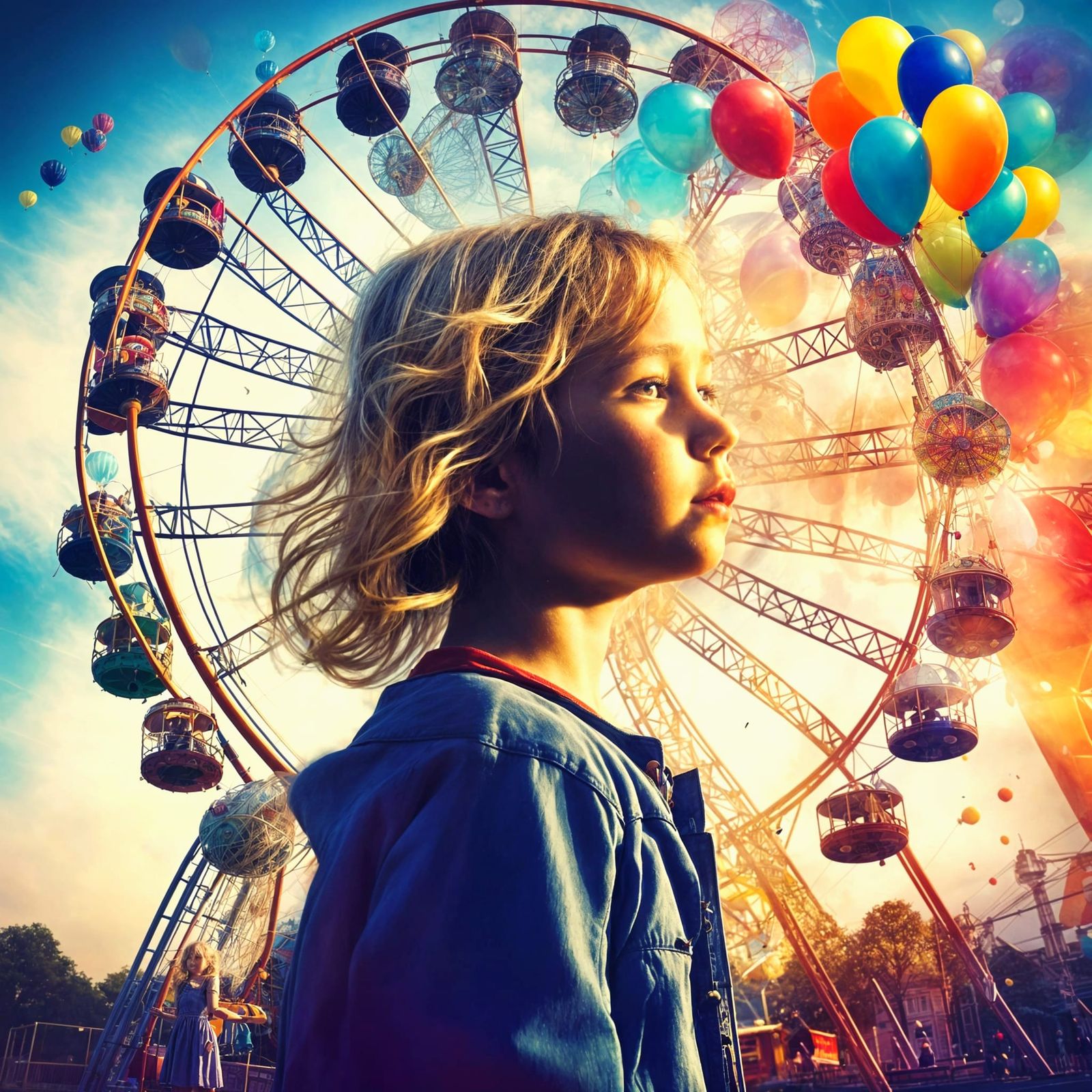 A Blond Girl Soars on a Whimsical Fairground