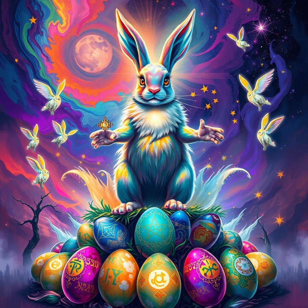 Iridescent Easter Bunny Deity as Sacred Guardian of Cosmic E...