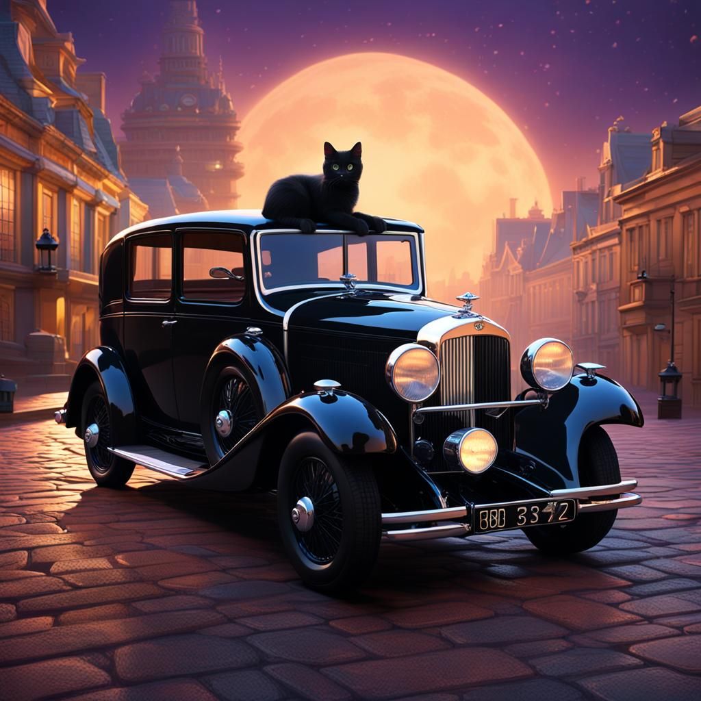Cat on a 1932 Bentley: Pixar-Style 3D Digital Art