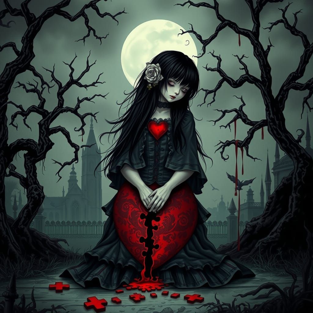 Melancholic Emo Girl in Victorian Mourning Attire Amidst Got...