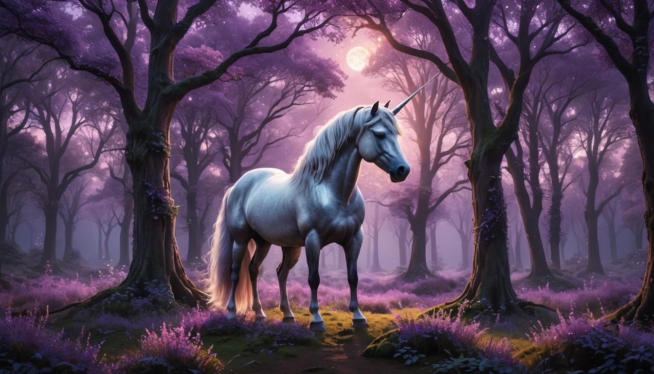 Mystical Unicorn in Enchanted Forest at Dusk