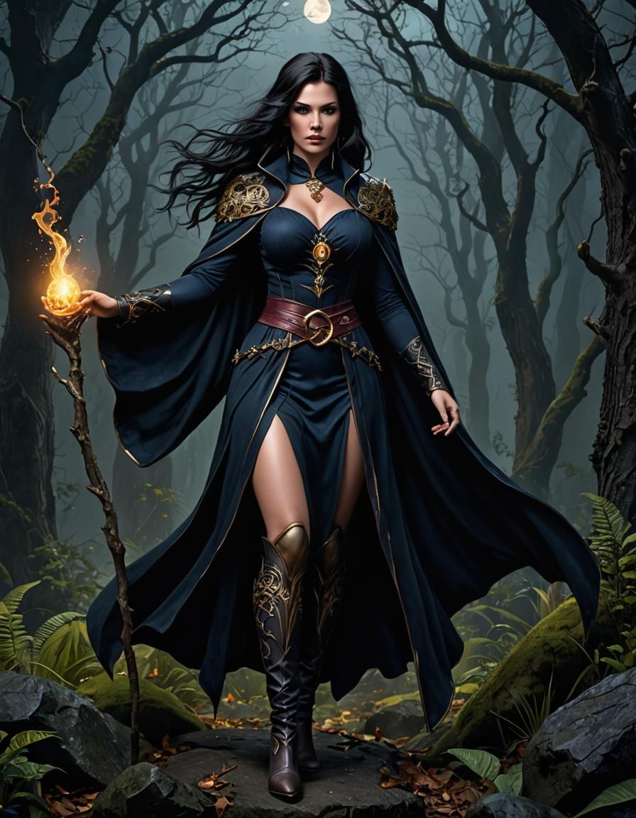 Elegant Dark-Haired Sorceress in Bronze Age Style