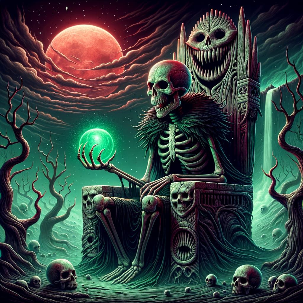 Skeletal Orc on Throne Holding Glowing Orb