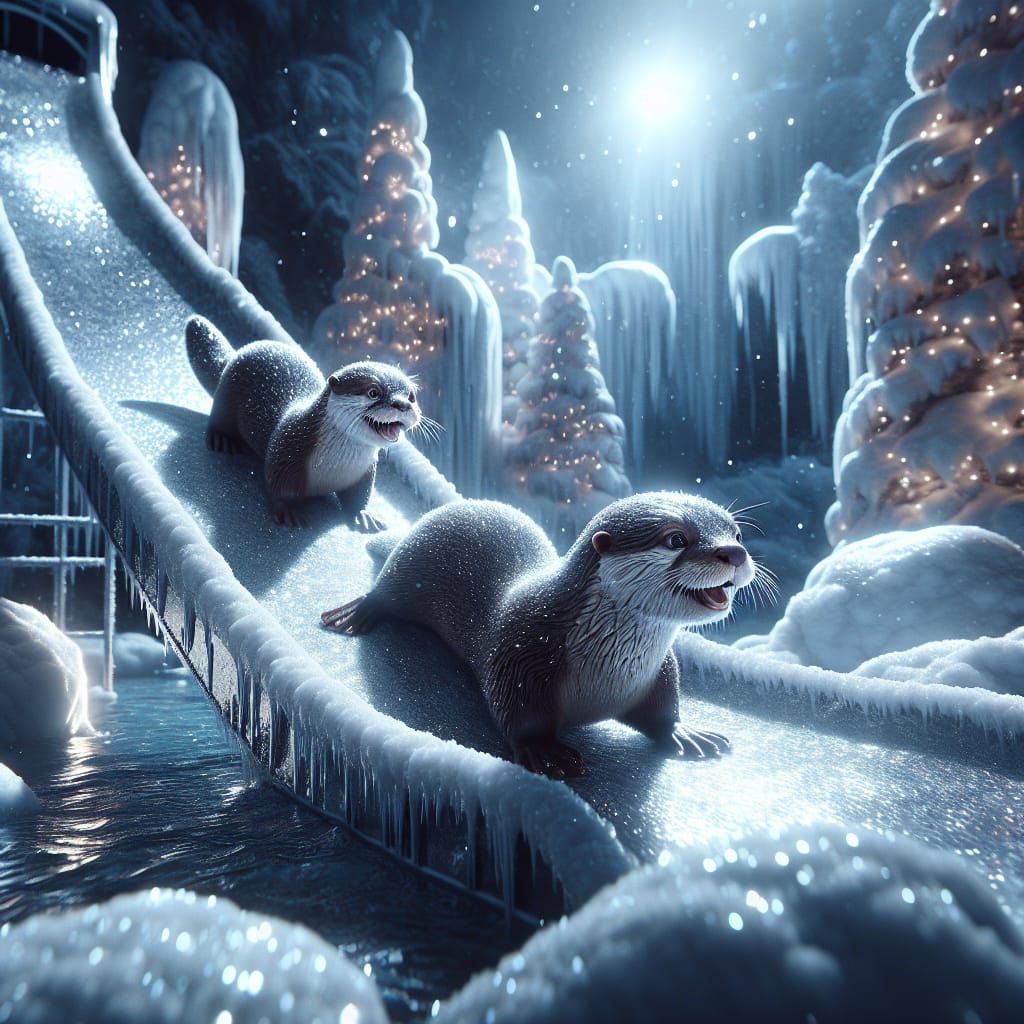 Playful Otters in Sparkling Winter Wonderland